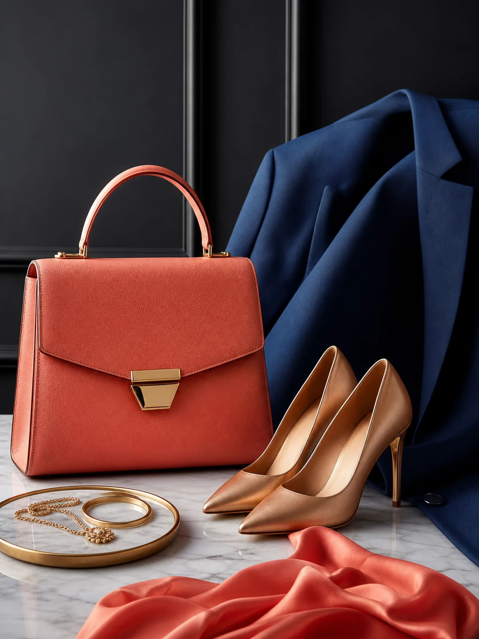 Modern fashion silhouettes — structured bag, heels, and tailored essentials