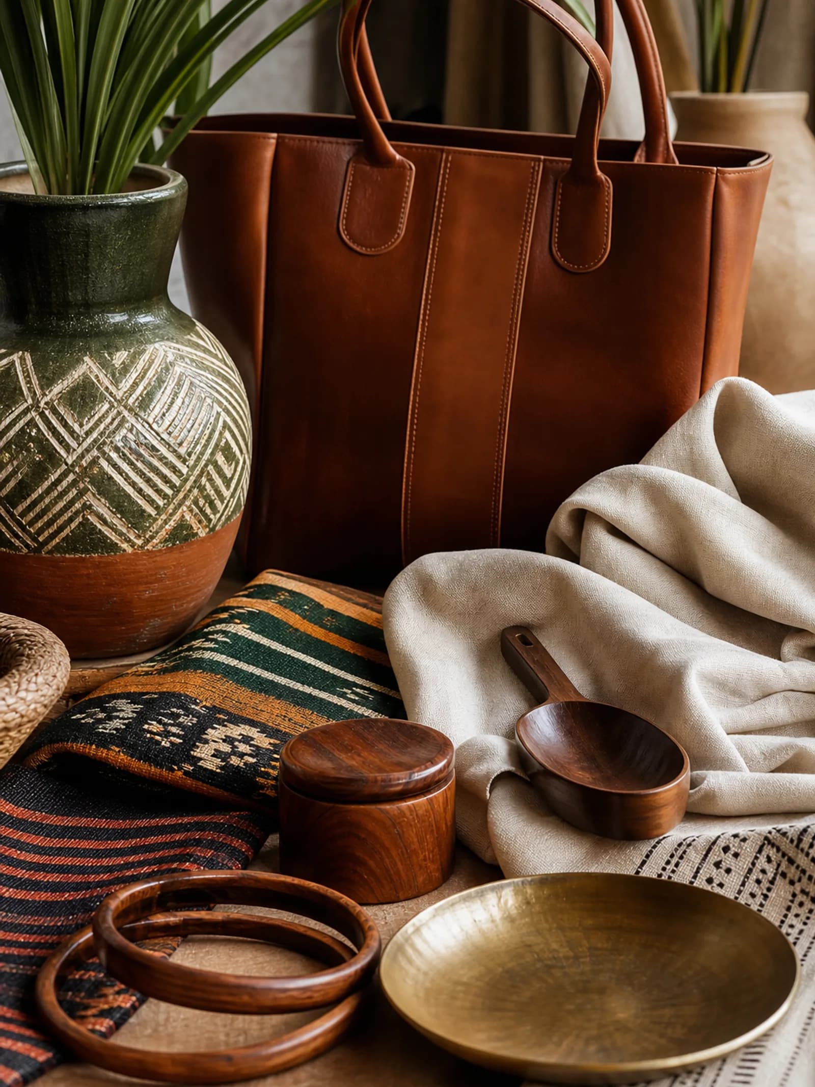 Premium materials and crafted goods — leather, textiles, and refined home pieces